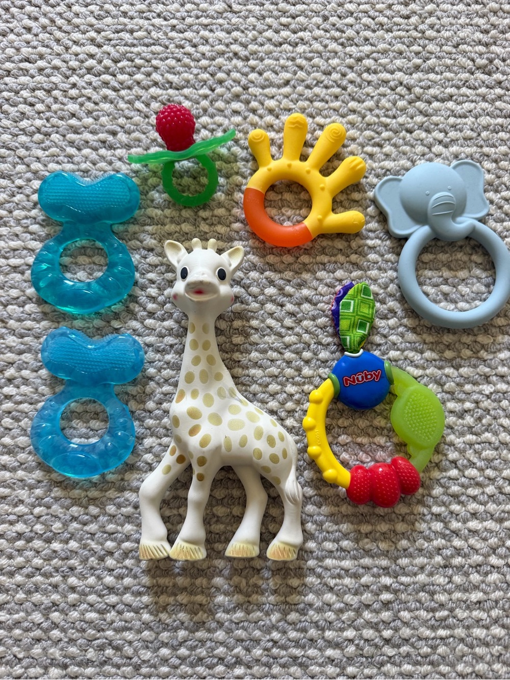 Teething Toy Lot of 7 Baby Teethers- Mushie, Nuby, Sophie and more Multicolor